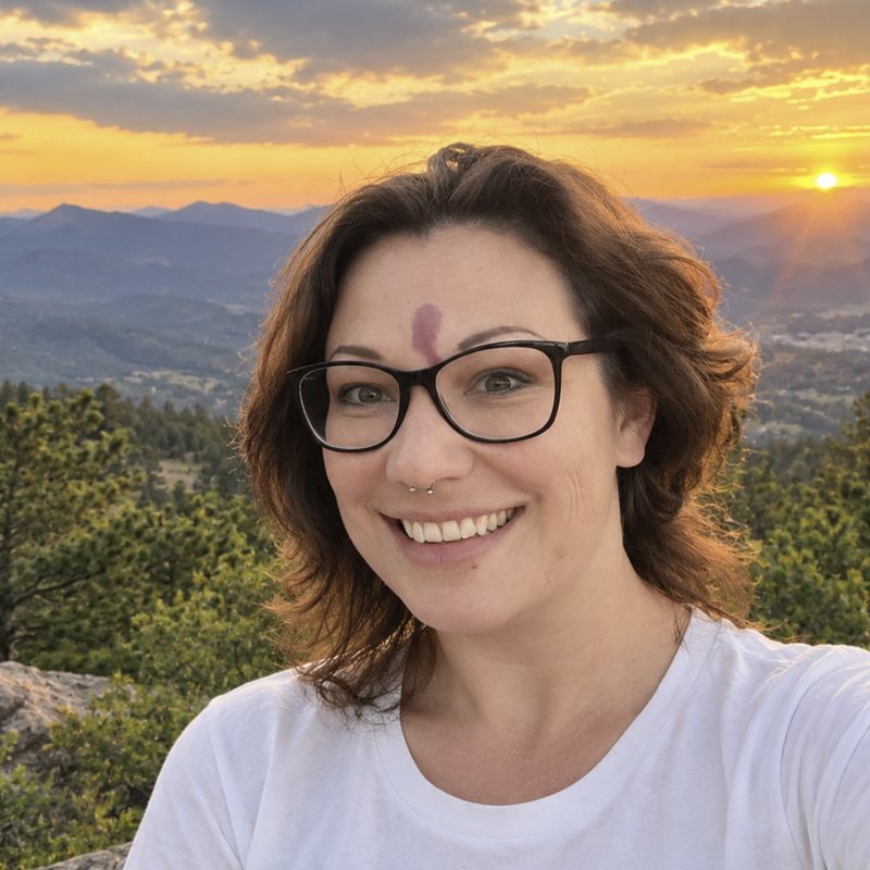 Danielle Mapes smiling at sunset on Lookout Mountain, Colorado